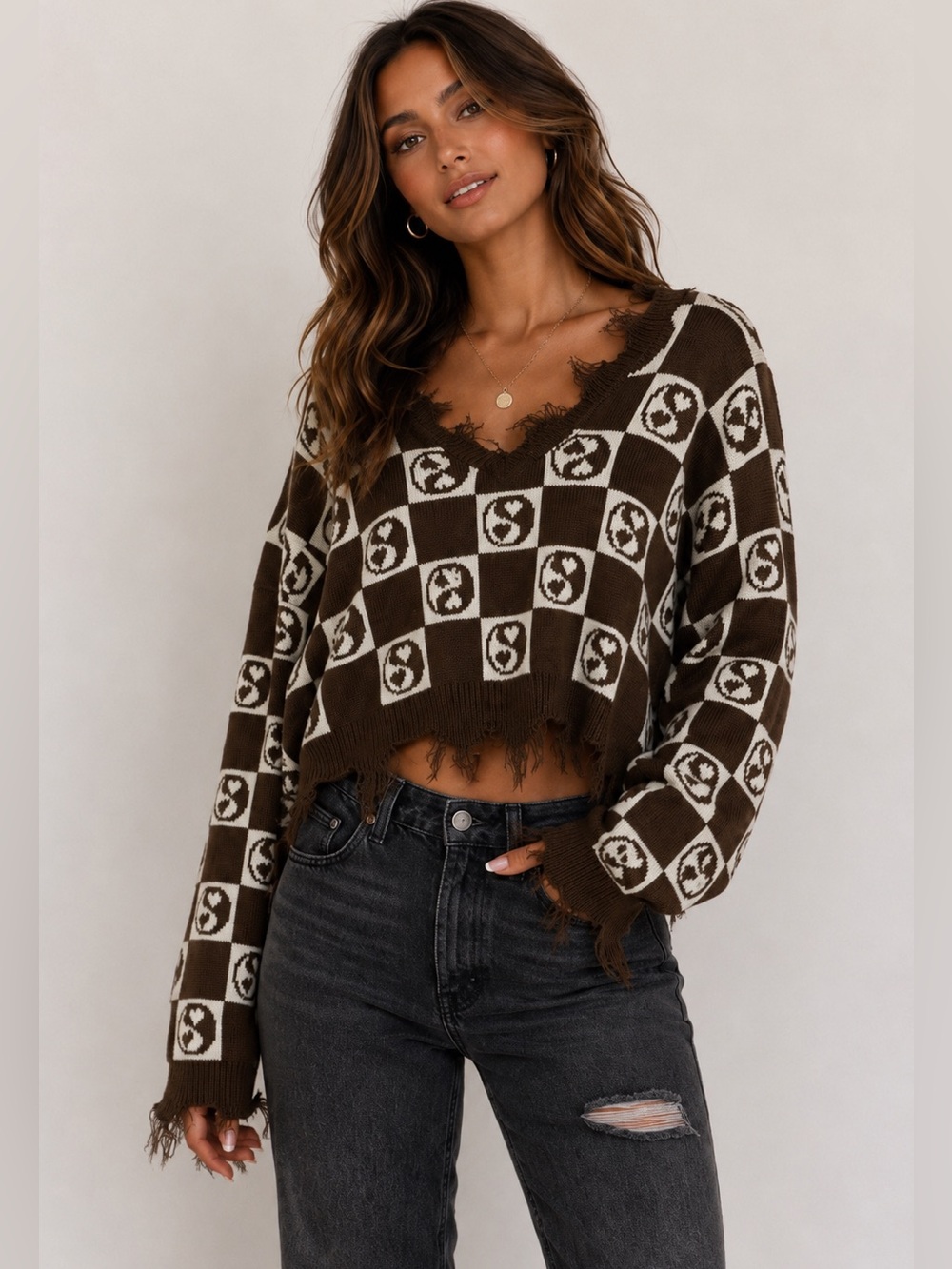 Just Polly fringe Brown Checkered Distressed V-Neck Sweater XL Y2K fall cozy